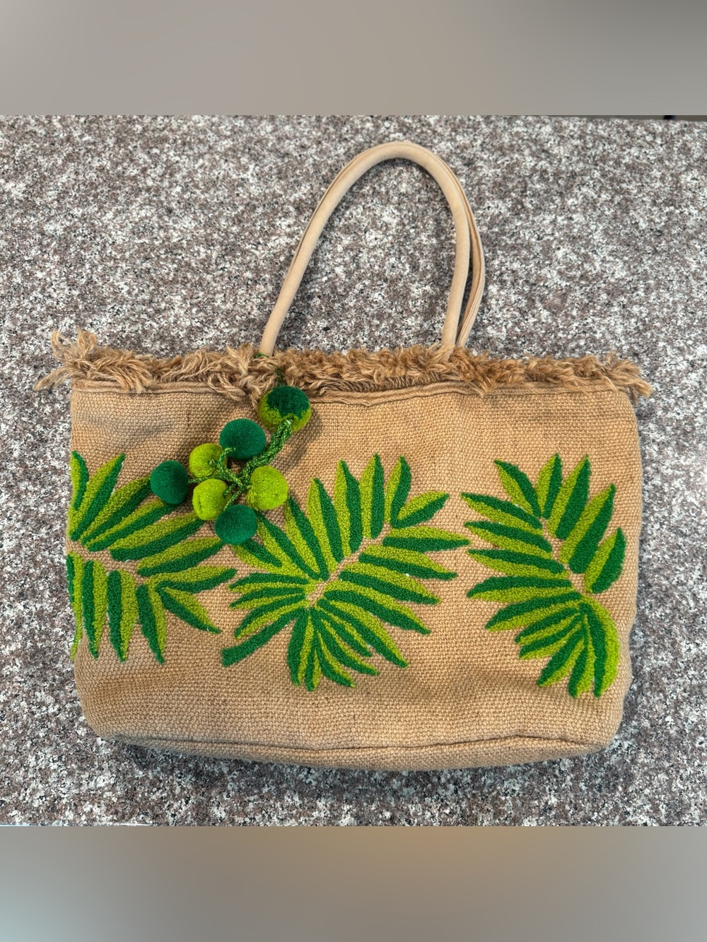 Tropical Leaf Jute Tote Bag in Natural and Green